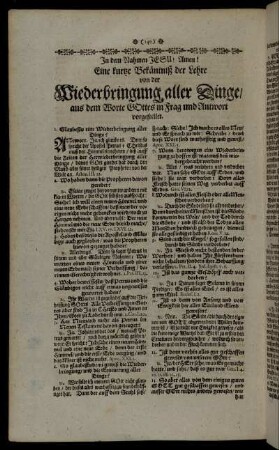 Eine kurtze Bekäntniß der Lehre von der Wiederbringung aller Dinge [...]