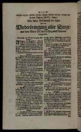 Eine kurtze Bekäntniß der Lehre von der Wiederbringung aller Dinge [...]
