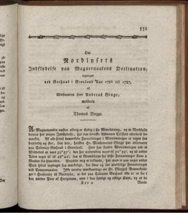 Om Nordlysets Indslydelse paa Magnetnaalens Declination, iagttaget ved Gothaab i Gronland Aar 1786 til 1787.