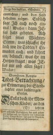 Thomä von Kempis Todes-Betrachtung/ zur Erinnerung der Sterblichkeit einer bußfertigen Seelen