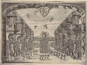 Bühnenbild zur Oper "La Caduta del Regno dell’Amazzoni" (erstes Intermezzo: Amor auf einer Wolke), aus der 1690 in Rom publizierten Edition des Librettos