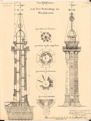Leuchtturm, Maschinengebäude und Lotsenwachgebäude auf dem Lotsenberg, Danzig-Neufahrwasser: Leuchtturm: Ansicht, Grundriss, Schnitt 1:100
