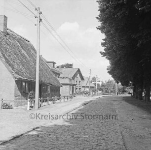 Kirchenweg mit Kopfsteinpflaster: rechts Dorfanger mit Bäumen: links Reetdachhaus: dahinter Wohnhäuser