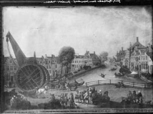 Ansicht von Gent (Apotheke beim Gravensteen) mit großem Krahn an der Lei