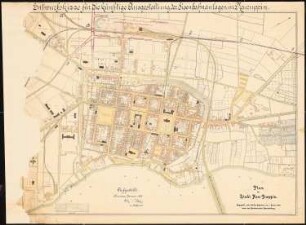 Bebauungsplan der Stadterweiterung, Neuruppin 1. Projekt. Umgestaltung der Eisenbahnanlagen: Grundplan auf Karte von Neuruppin (1908), 1:2500