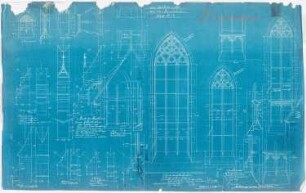 Pfarrkirche Sankt Martinus, Olpe: Details der Steinmetzarbeiten an Fenstern, Strebepfeilern und Giebeln 1:20