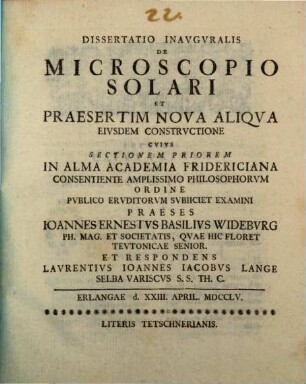 Dissertatio Inavguralis De Microscopio Solari Et Praesertim Nova Aliqva Eivsdem Constrvctione
