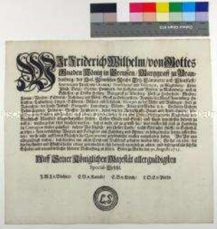 Edikt von Friedrich Wilhelm I. König in Preußen zur Verhängung einer Quarantäne und Handelssperre über Hamburg und Altona wegen Seuchengefahr