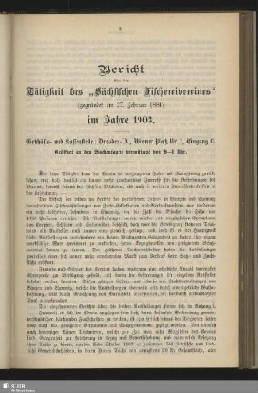 Bericht über die Tätigkeit des "Sächsischen Fischereivereines" im Jahre 1903