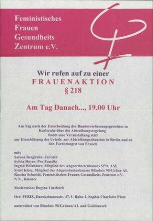 Am Tag danach ... Wir rufen auf zu einer Frauenaktion § 218