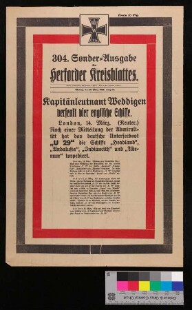 Kapitänleutnant Weddigen versenkt vier englische Schiffe