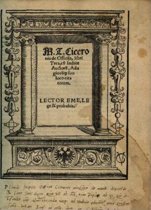 M. T. Ciceronis de Officiis : libri Tres, cu[m] Indice Auctorum, Adagioru[m]que suo loco citatorum