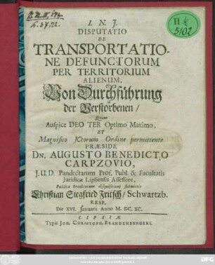 Disputatio De Transportatione Defunctorum Per Territorium Alienum