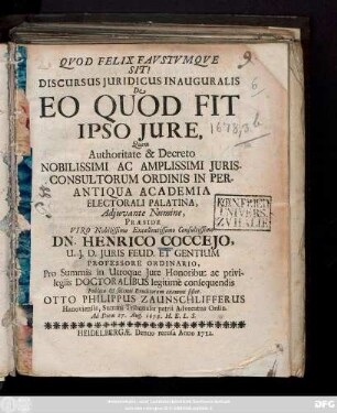 Discursus Juridicus Inauguralis De Eo Quod Fit Ipso Jure