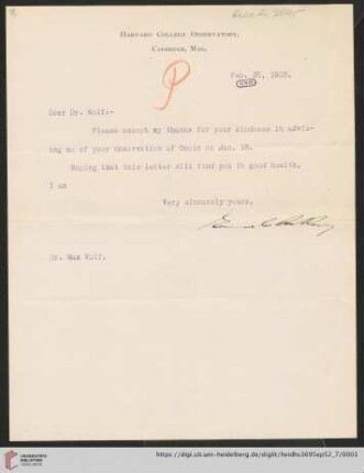 Briefe von Edward Charles Pickering an Max Wolf: Brief von Edward Charles Pickering an Max Wolf