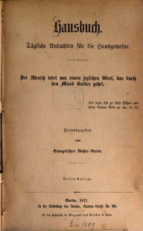 Hausbuch : Tägliche Andachten für die Hausgemeine. Hrsg. vom Evangelischen Bücher-Verein