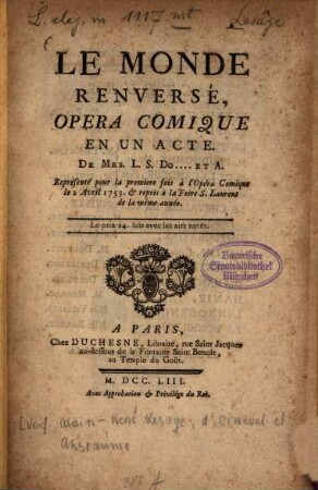 Le monde renversé : opera comique en un acte