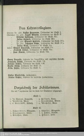 Verzeichniß der Schülerinnen