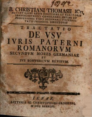 Dissertatio inauguralis de usu iuris paterni Romanorum secundum mores Germaniae et ius Borussicum revisum