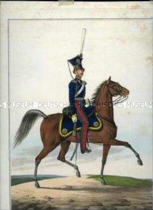 Uniformdarstellung, Leutnant der Garde-Landwehr, Preußen, 1821. Tafel 28 aus: Jügel/Lieder/Krüger: Darstellung der Königlich Preußischen Kavallerie.