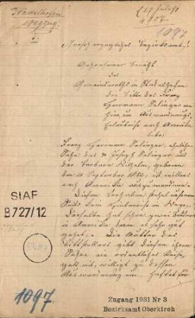 Auswanderung des Franz Hermann Selinger von Stadelhofen nach Amerika