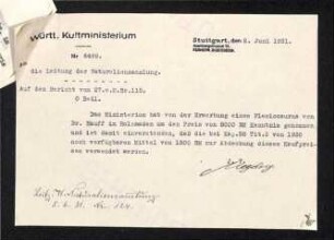 Schriftwechsel Berckhemer - Rauther (Naturaliensammlung) und Meyding (Kultministerium) bezüglich Kauf Plesiosauruspräparat