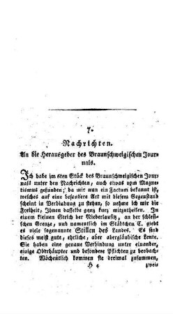 Nachrichten : an die Herausgeber des Braunschweigischen Journals