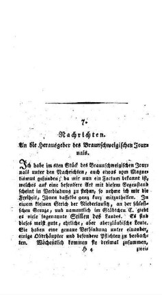 Nachrichten : an die Herausgeber des Braunschweigischen Journals