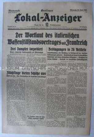 Tageszeitung "Berliner Lokal-Anzeiger" zum Waffenstillstandsvertrag zwischen Frankreich und Italien
