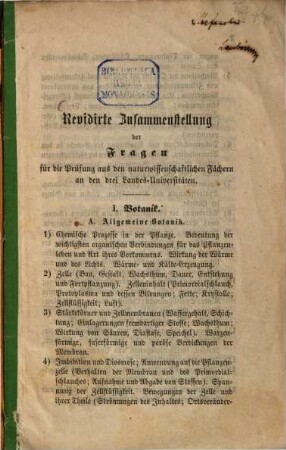 Revidirte Zusammenstellung der Fragen für die Prüfung aus den naturwissenschaftlichen Fächern an den drei Landes-Universitäten