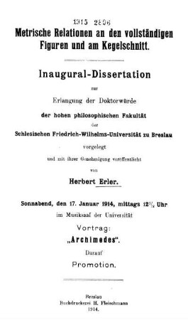 Metrische Relationen an den vollständigen Figuren und am Kegelschnitt