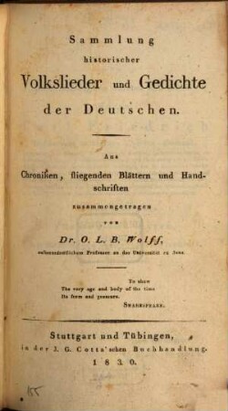 Sammlung historischer Volkslieder und Gedichte der Deutschen : Aus Chroniken, fliegenden Blättern und Handschriften
