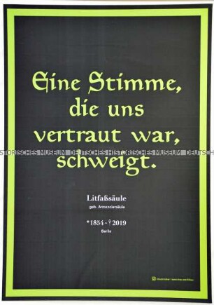 Plakat aus einer künstlerischen Aktion, einer "Urbanen Intervention", zum Abriss historischer Litfaßsäulen in Berlin, in der Gestaltung angelehnt an Todesanzeigen.