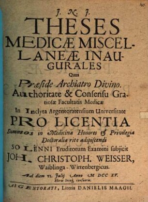 Theses Medicæ Miscellaneæ Inaugurales
