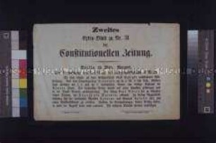 Maueranschlag: Der Gouverneur von Triest an das Kriegsministerium in Wien. Zweites Extrablatt zur Nr. 31 der Constitutionellen Zeitung; Berlin, 29. März 1849