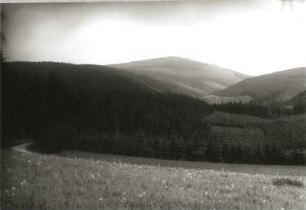 Auersberg : Westerzgebirge. Auersberg und Tal der Großen Bockau. Blick vom Bärenweg am Buckerberg, südöstlich von Eibenstock, nach Südsüdosten