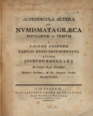 Adpendicula Altera Ad Mvmismata Græca Popvlorvm Et Vrbivm : A Jacobo Gesnero Tabulis Aeneis Repraesentata