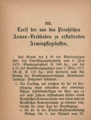 III. Tarif der von den Preussischen Armen-Verbänden zu erstattenden Armenpflegekosten.