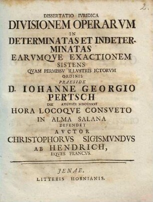 Dissertatio Ivridica Divisionem Operarvm In Determinatas Et Indeterminatas Earvmqve Exactionem Sistens