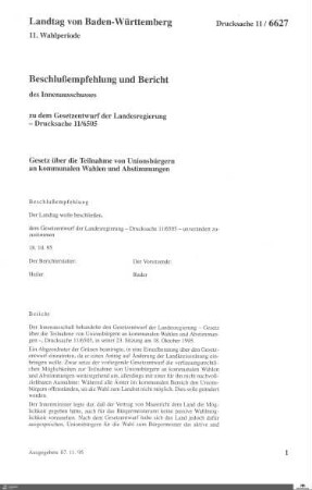 Gesetzentwurf: Teilnahme von Unionsbürgern an Kommunalwahlen