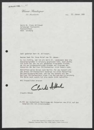 Brief an Franz Willnauer an Salzburger Festspiele, 23.01.1990