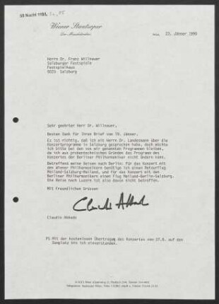Brief an Franz Willnauer an Salzburger Festspiele, 23.01.1990