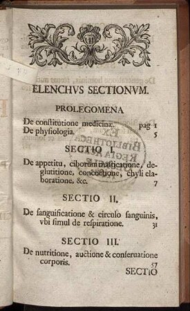 Elenchus Sectionum.