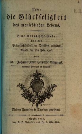Ueber die Glückseligkeit des menschlichen Lebens