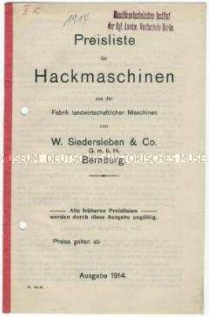 Preisliste über Hackmaschinen