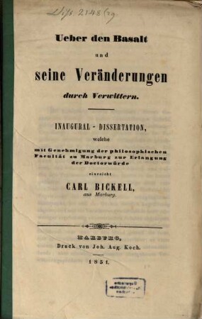 Über den Basalt u. seine Veränderungen durch Verwittern : Inaug.-Diss.