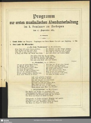 Programm zur ersten musikalischen Abendunterhaltung im k. Seminare zu Zschopau den 17. September 1882