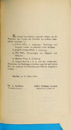 Verzeichnis der Mitglieder des Hebräischen Litteratur-Vereins Mekize Nirdamim. 6. 1890