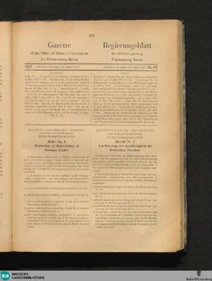 Gazette of the Office of Military Government for Württemberg-Baden : = Regierungsblatt der Militärregierung Württemberg-Baden