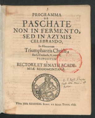 Programma De Paschate Non In Fermento, Sed In Azymis Celebrando : In Honorem Triumphantis Christi, Ex. I. Corinth. V. vers. 8. Propositum